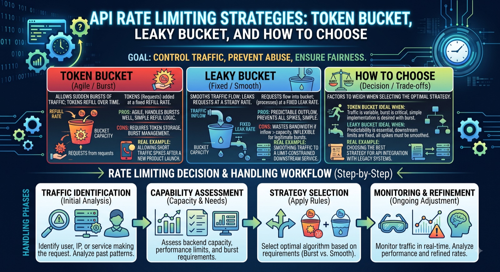 Diagram comparing token bucket and leaky bucket API rate limiting strategies