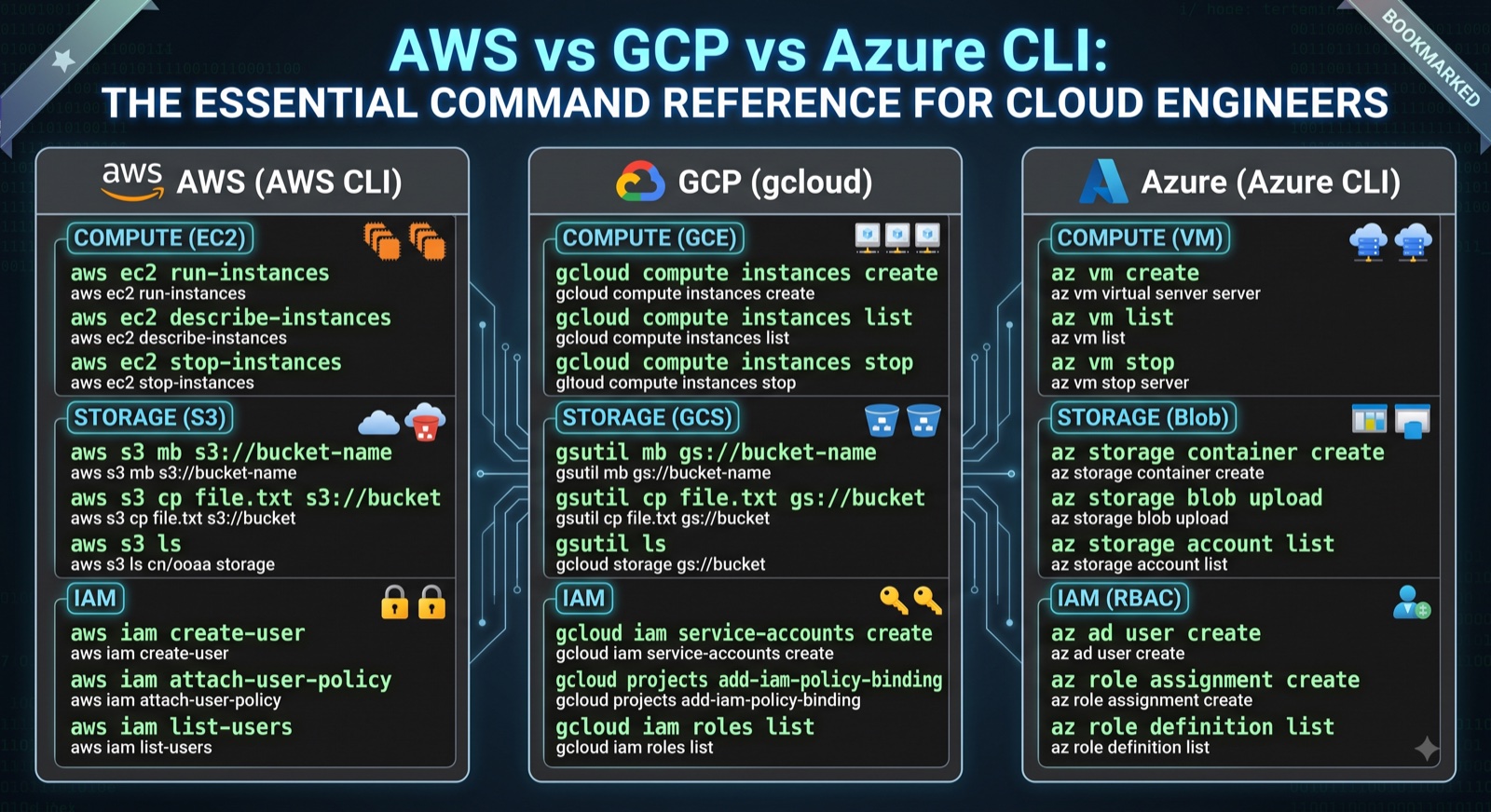 Side-by-side reference table comparing AWS CLI, gcloud, and Azure CLI commands