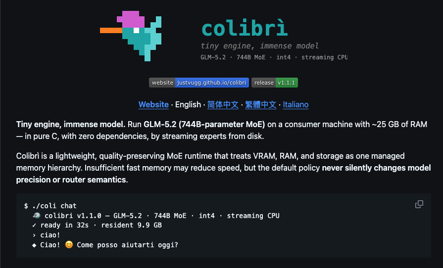 Colibri GitHub repository README showing the coli chat terminal demo