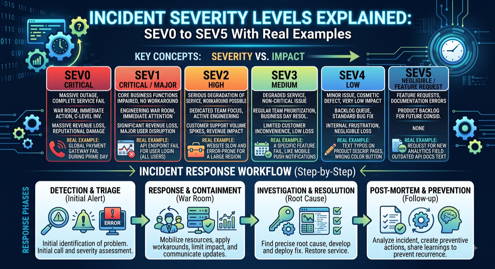 Diagram explaining SEV0 through SEV5 incident severity levels