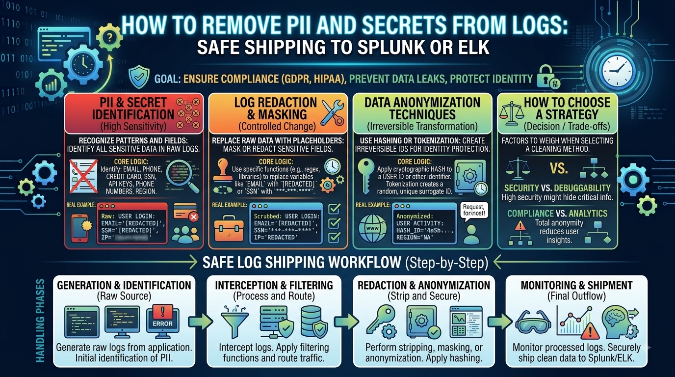 Workflow diagram for removing PII and secrets from application logs